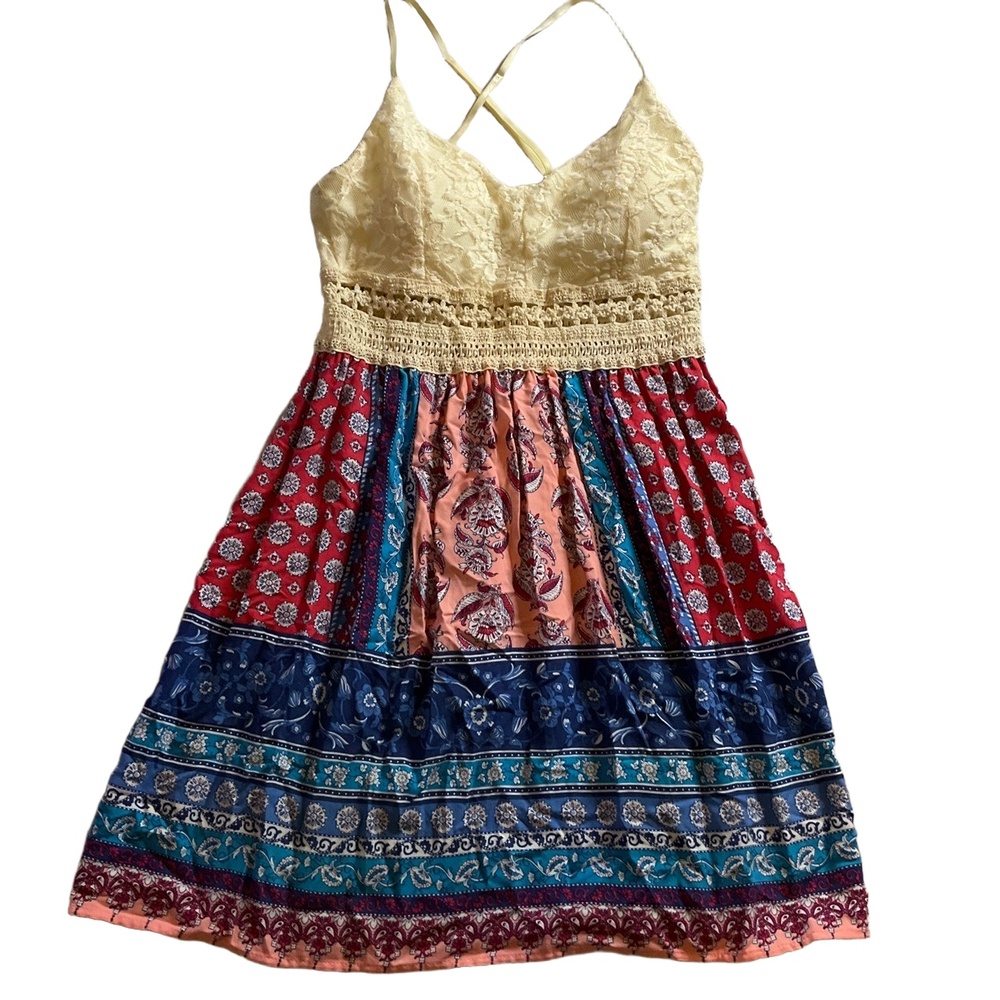 IRIS Boho Floral Strapless Dress Lace Bodice Pleated Skirt Size Medium